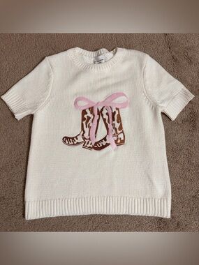 NWT Willow & Wind Pink Bow & brown Cowboy Boots short sleeve knit
